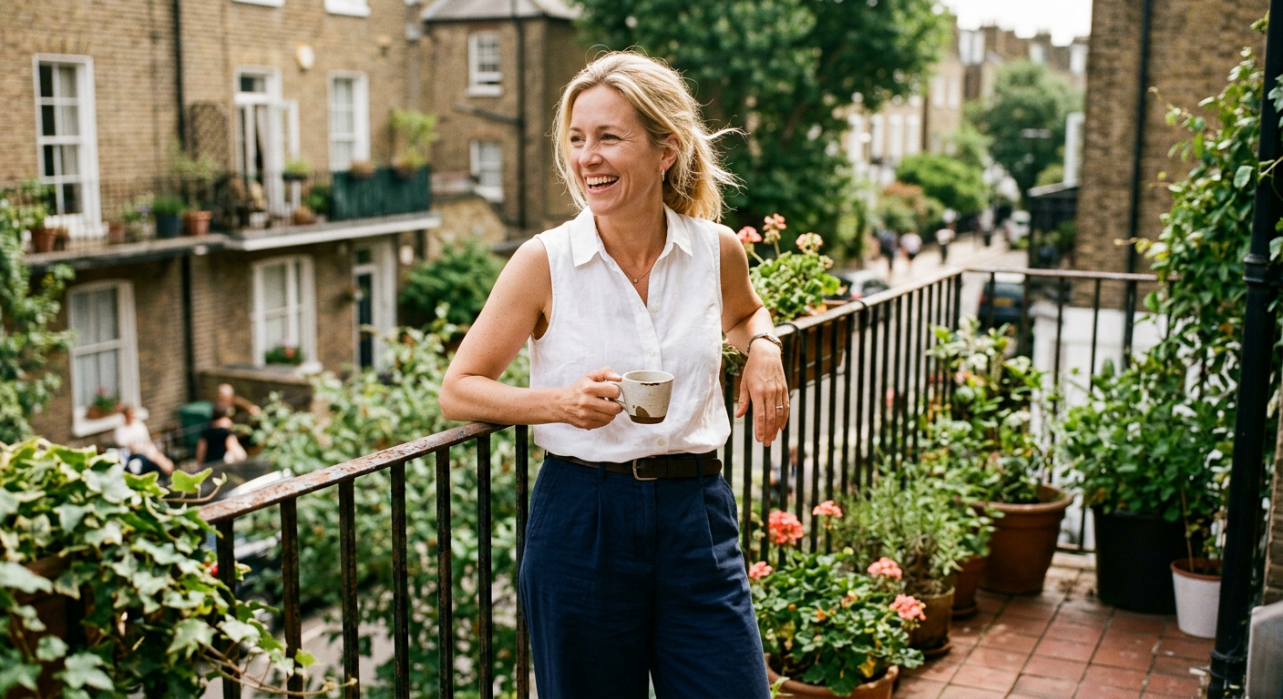 White sleeveless top with navy trousers