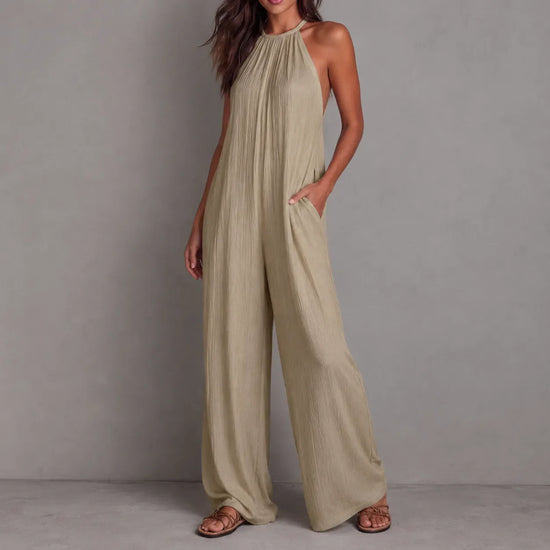 Drevana – Halter Wide-Leg Jumpsuit with Deep Pockets, Flowy Drape