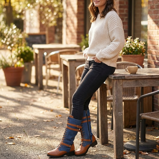 Denara - Denim and Leather Mid-Calf Riding Boots