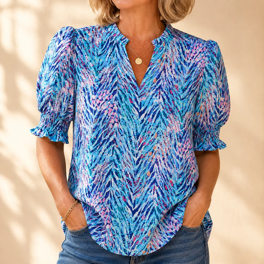 Elowen – Women's V-Neck Puff Sleeve Blouse with Smocked Cuffs, Flowy Floral Top