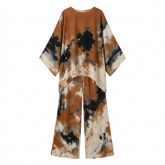 Aterra – Artistic Watercolor Tunic and Wide Leg Pants Set