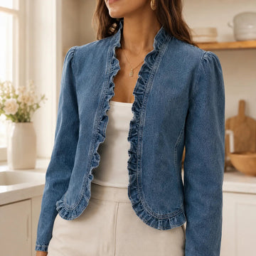 Florelle – Open Front Ruffle Trim Denim-look Jacket for Women