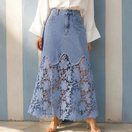 Florenza – Floral lace hem high waist denim maxi skirt with pockets