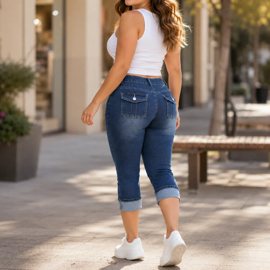 Curvella – Curvy Fit Stretch Denim-like Capri Jeans, Mid Rise Cuffed Hem