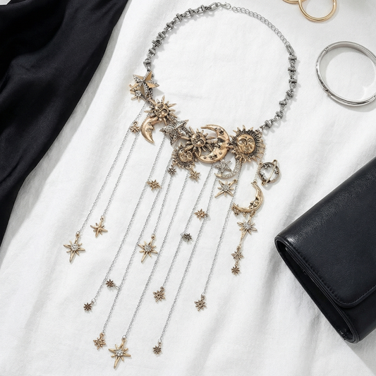 Celestra - Cascading Sun Moon & Star Fringe Necklace