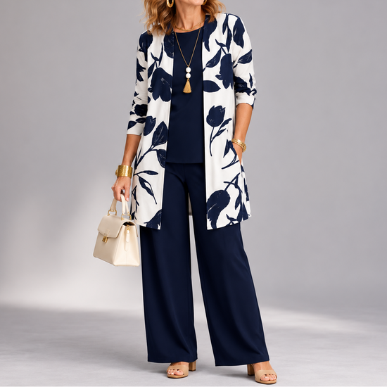 Evania – Women's Navy Botanical 3 Piece Outfit Set with Longline Cardigan