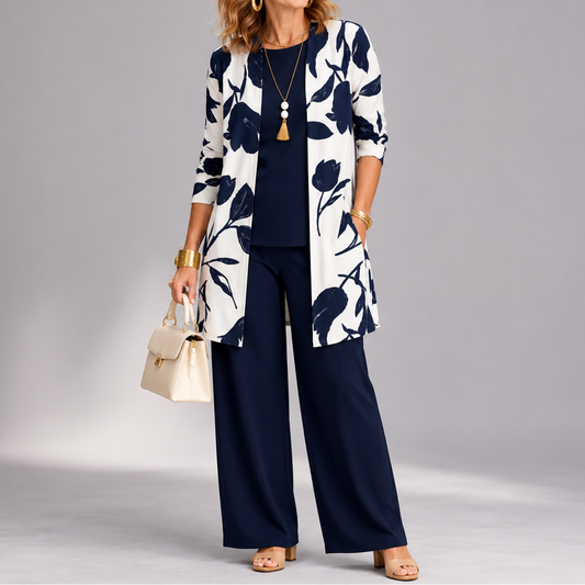 Evania – Women's Navy Botanical 3 Piece Outfit Set with Longline Cardigan