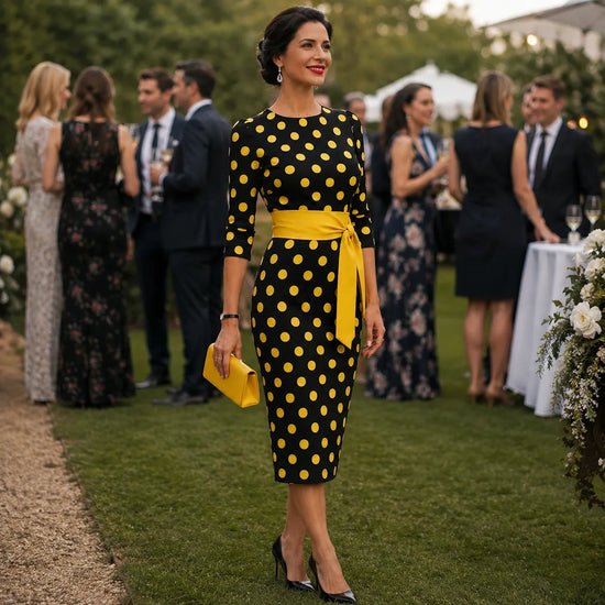 Belora – Retro Polka Dot Midi Dress with Belted Waist