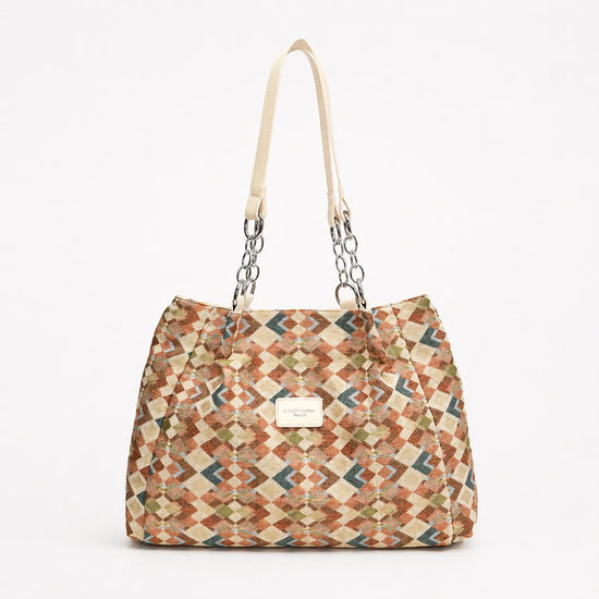 Florella – Woven Leopard Print Tote Bag with Leather Trim and Gold Chain