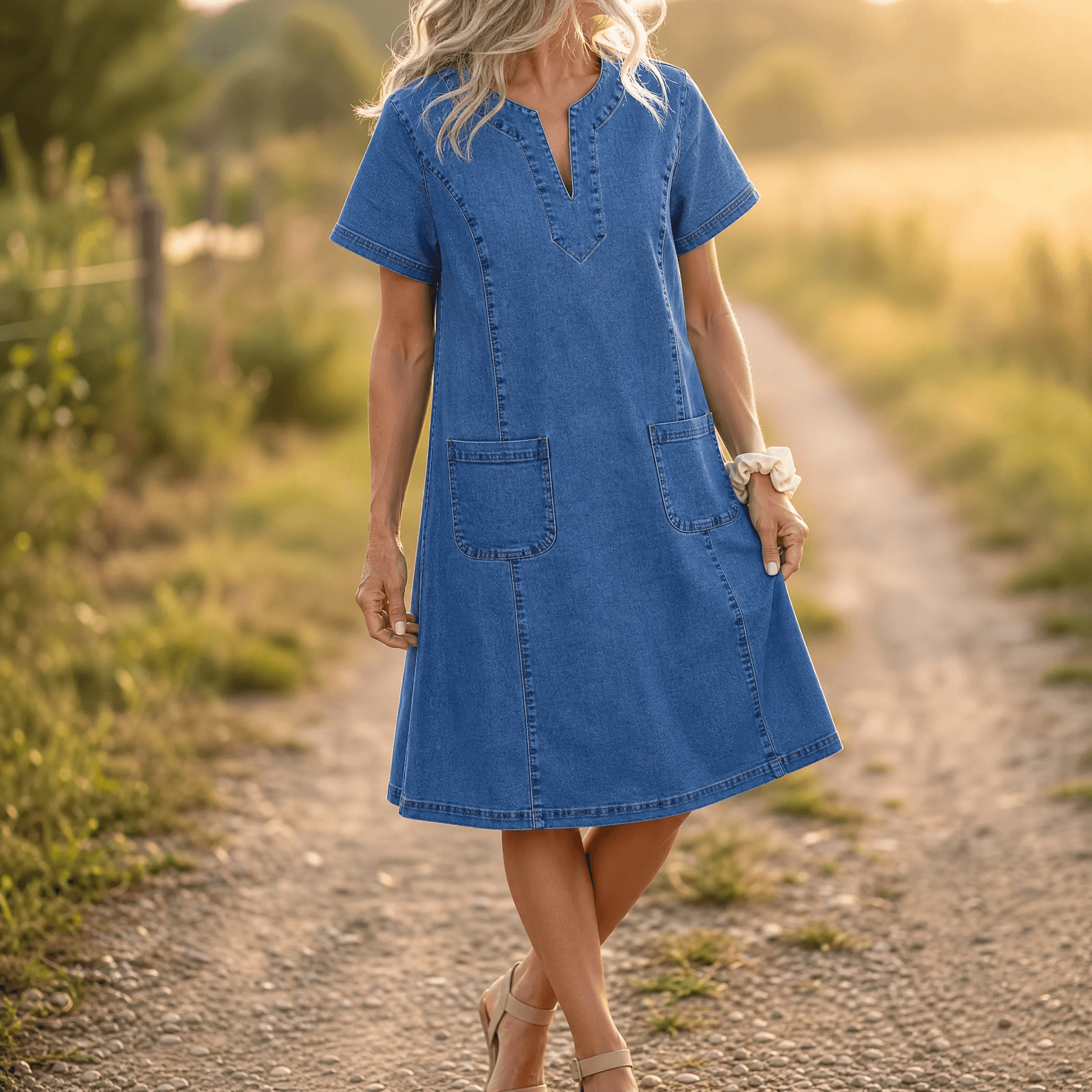 Denim V-Neck Pocket Dress - image 13