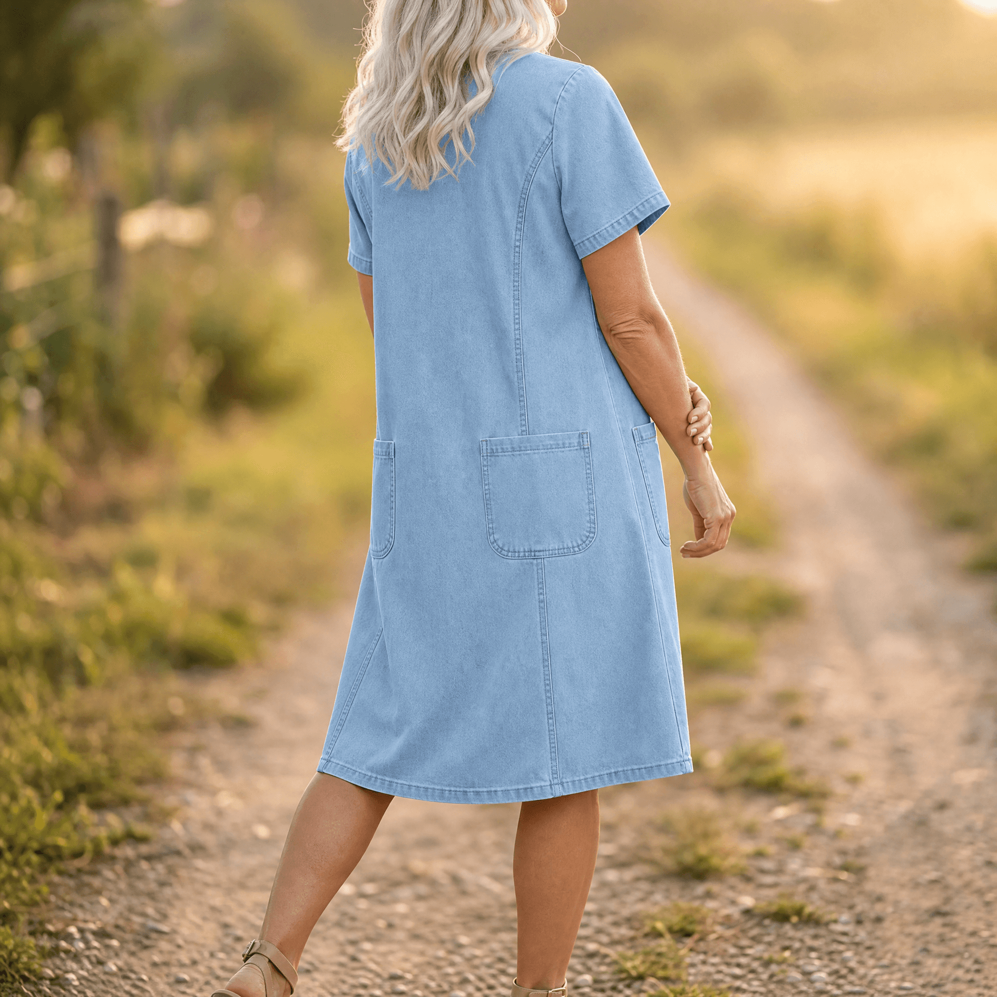 Denim V-Neck Pocket Dress - image 12