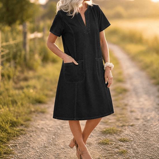 Denim V-Neck Pocket Dress - image 11