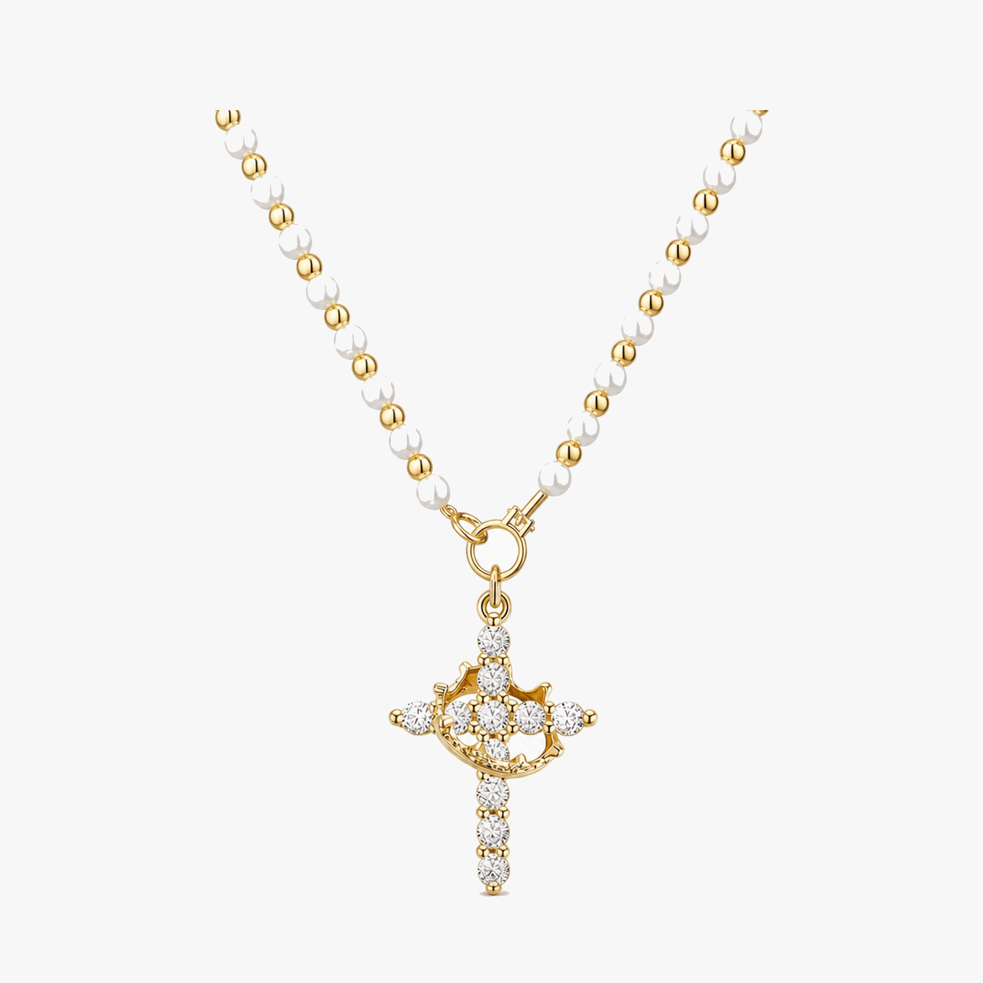 Crownara – Crown Cross Pearl Bead Necklace