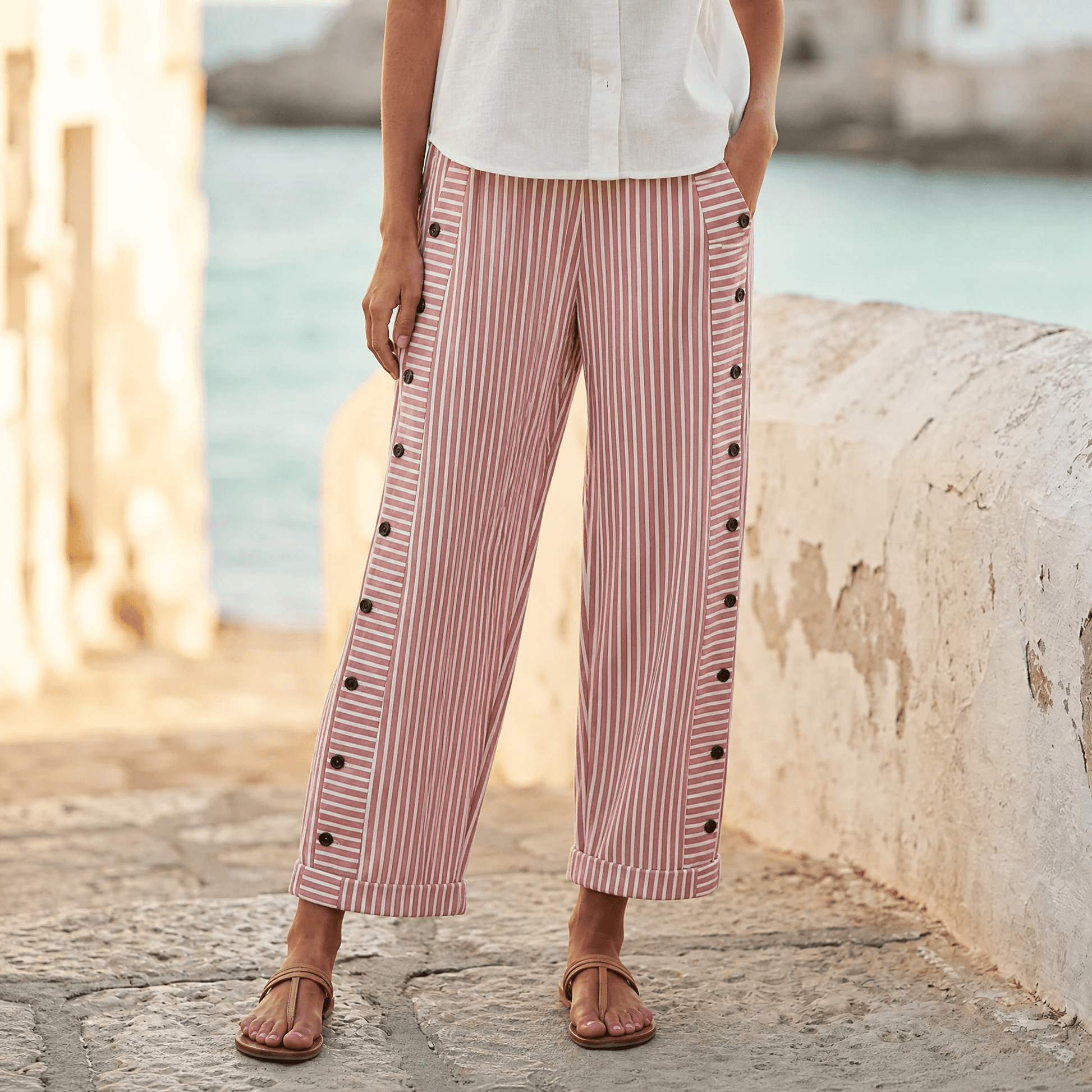 Coastlyn – Women's Striped Pants with Button Trim