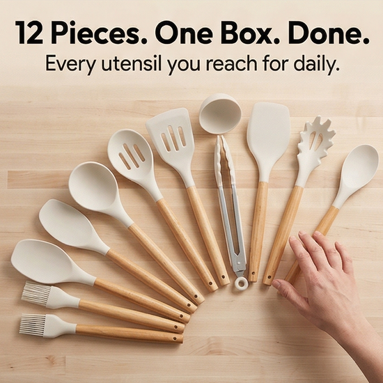 Culinara – 12 Piece Silicone Kitchen Set with Wooden Handles