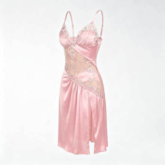 Florelle - Women's floral embroidered mesh nightgown with high slit