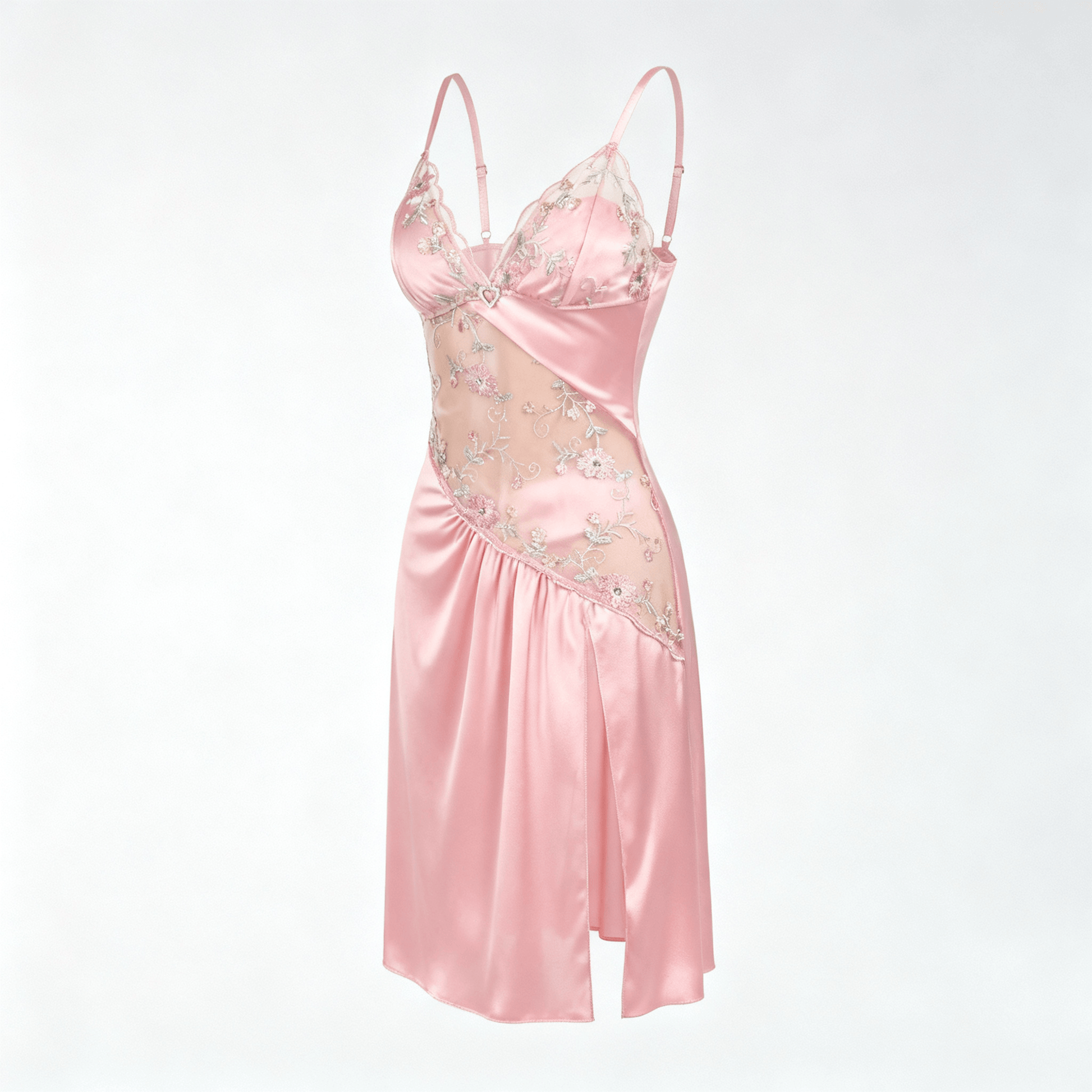 Florelle - Women's floral embroidered mesh nightgown with high slit