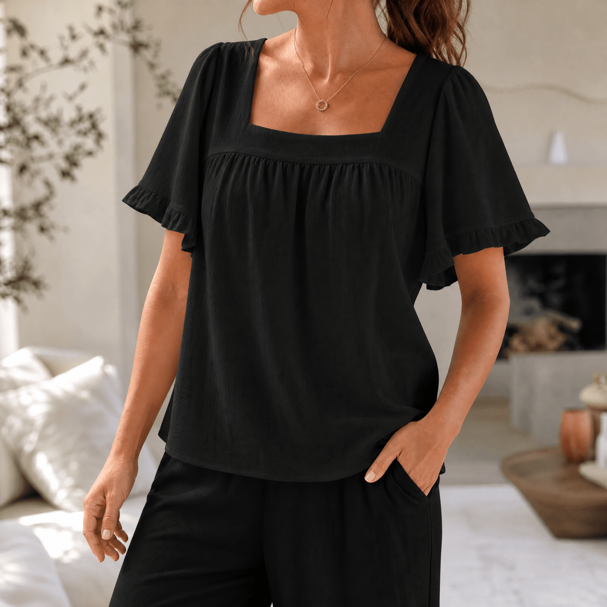 Florelle – Women's Square Neck Flutter Sleeve Blouse