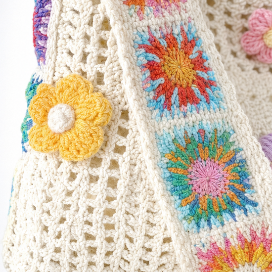 Florenza – Hand-Crocheted Floral Shoulder Bag for Women, Boho Granny-Square Tote with 3D Flowers