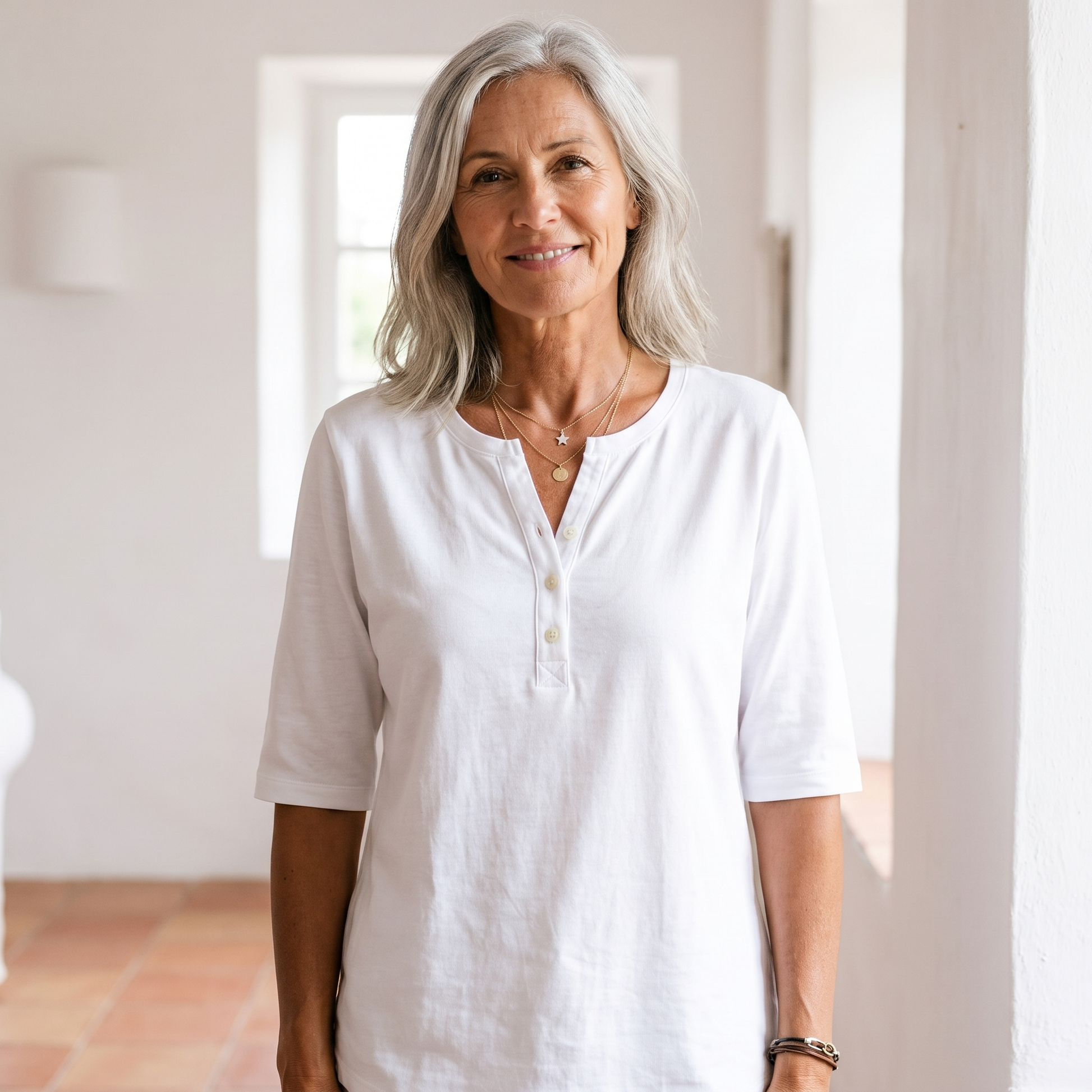 Henley Button Top - White