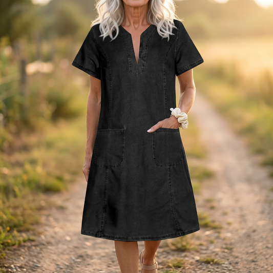 Denim V-Neck Pocket Dress - image 1