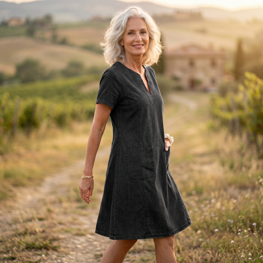 Denim V-Neck Pocket Dress - image 2