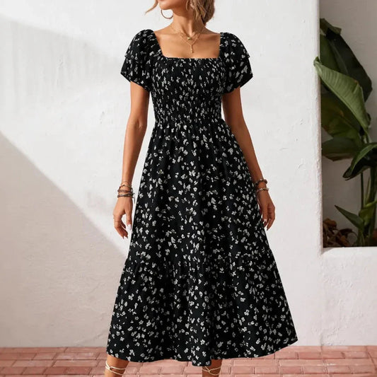 Florenza – Square Neck Floral Midi Dress with Smocked Bodice & Tiered Skirt