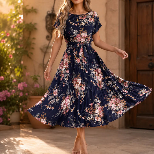 Florenza – Floral Pleated Midi Dress with Tie Waist and Flutter Sleeves