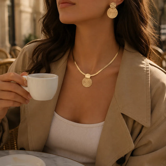 Aurenza – Gold necklace and earring set, textured medallion, flat snake chain