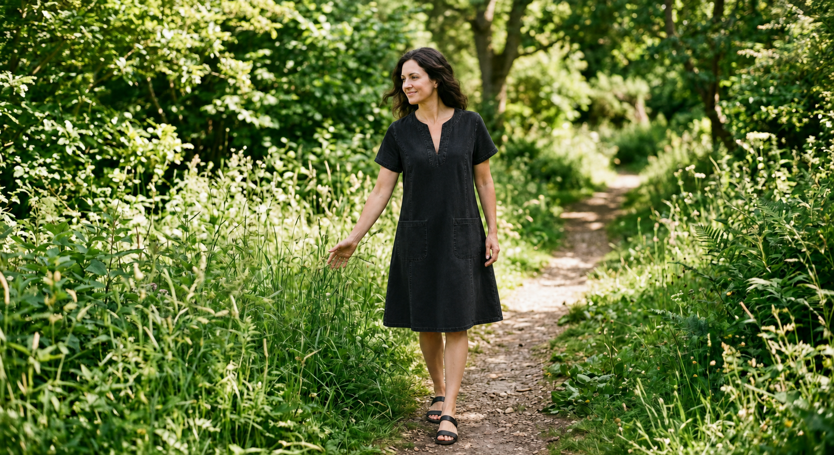 Junie&Co garden hero featuring the black denim V-neck pocket dress