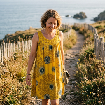 Medallion beach dress on a coastal path