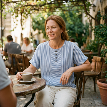 Striped button top at an outdoor table