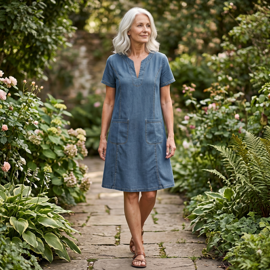 Denim V-Neck Pocket Dress - image 5