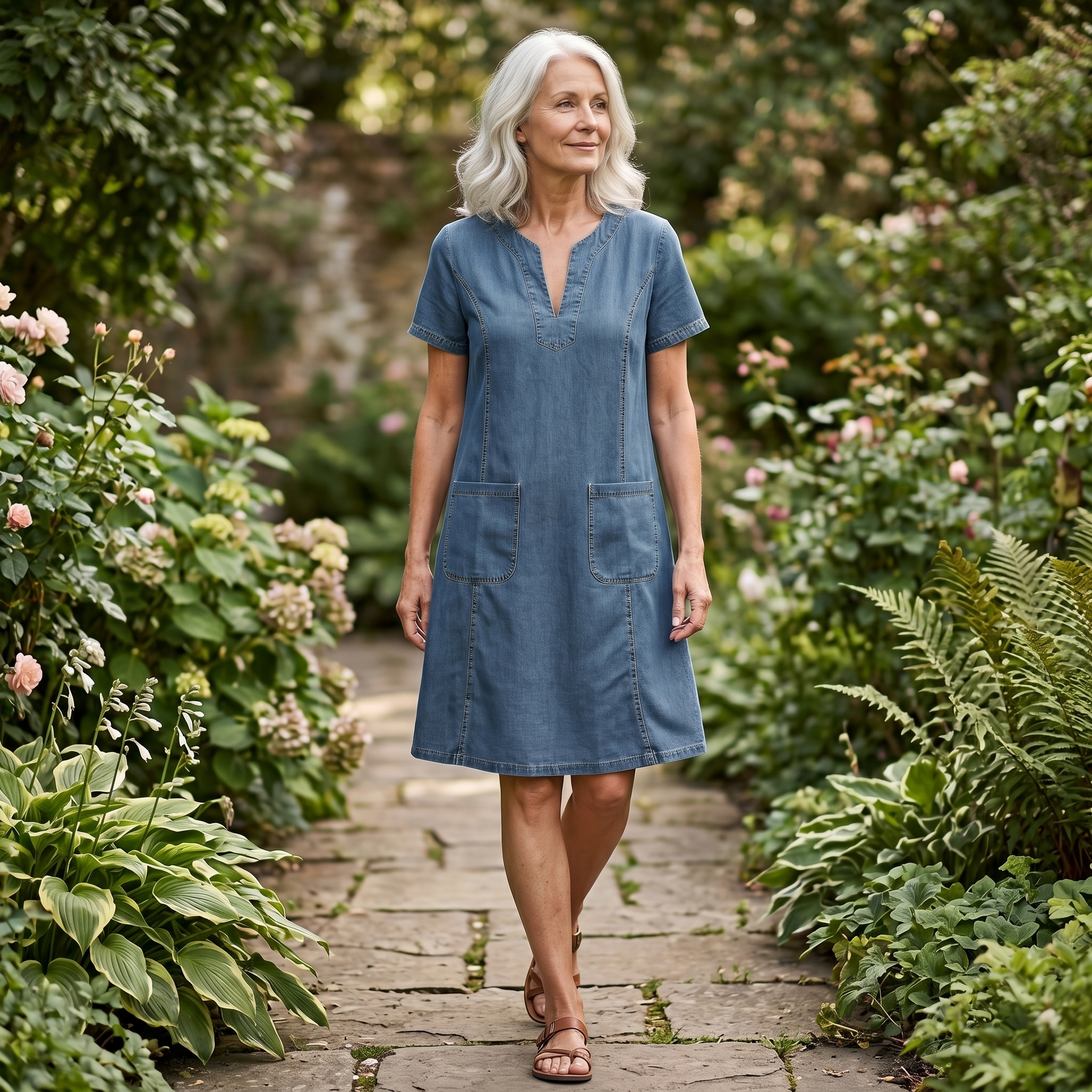 Denim V-Neck Pocket Dress