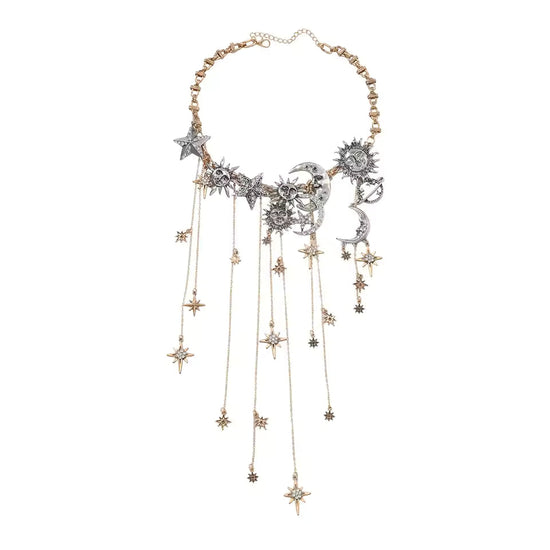 Celestra - Cascading Sun Moon & Star Fringe Necklace