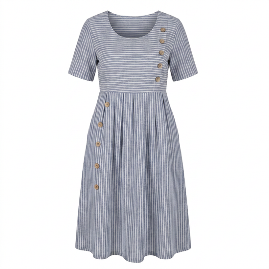 Striped midi dress in blue and white, front view