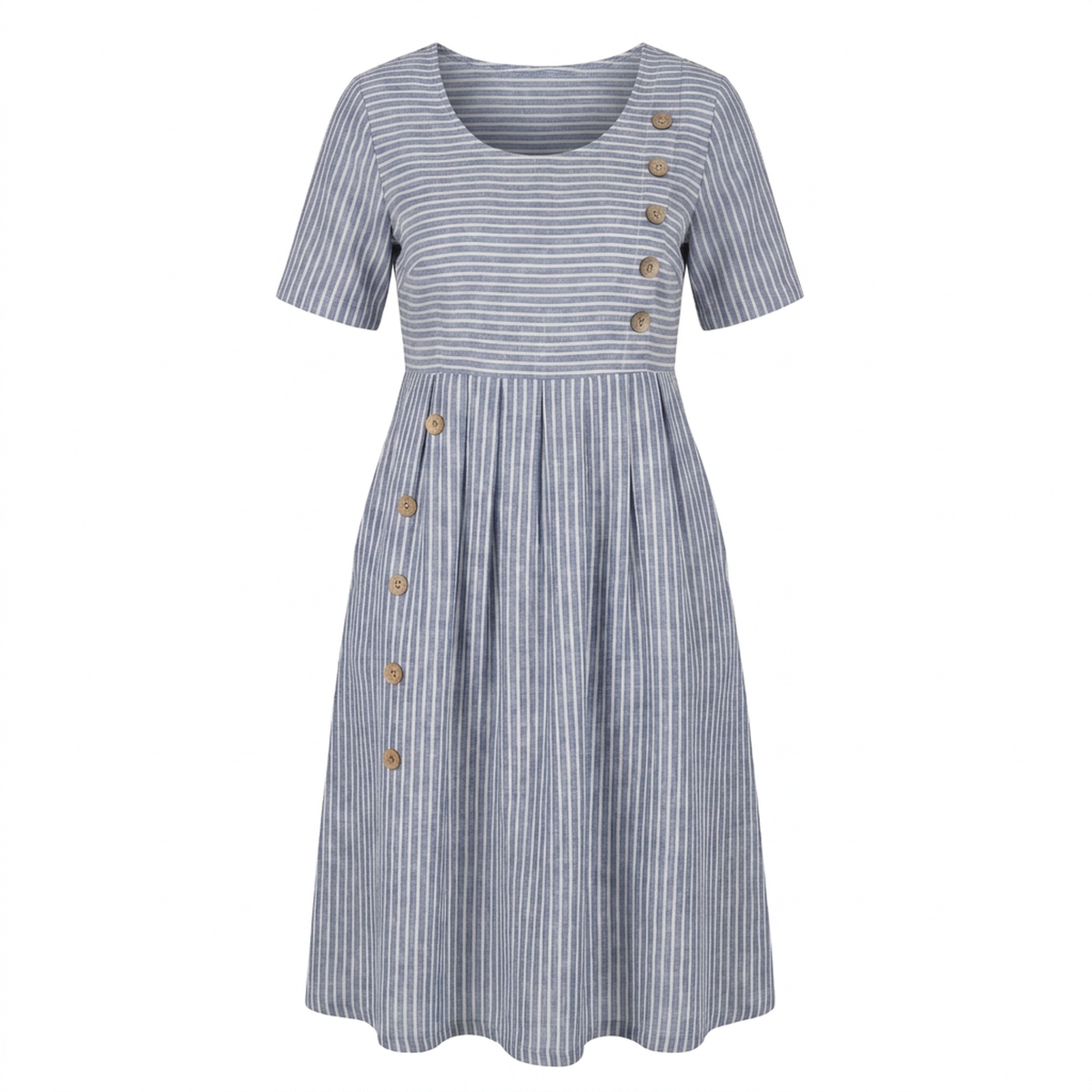 Striped midi dress in blue and white, front view