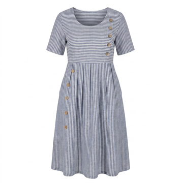Striped midi dress in blue and white, front view