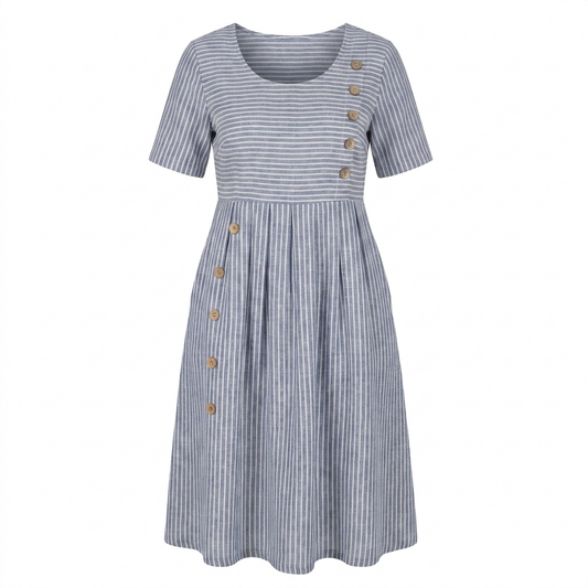 Striped midi dress in blue and white, front view