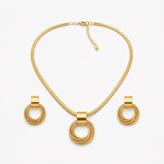 Aurenza – Gold necklace and earring set, textured medallion, flat snake chain